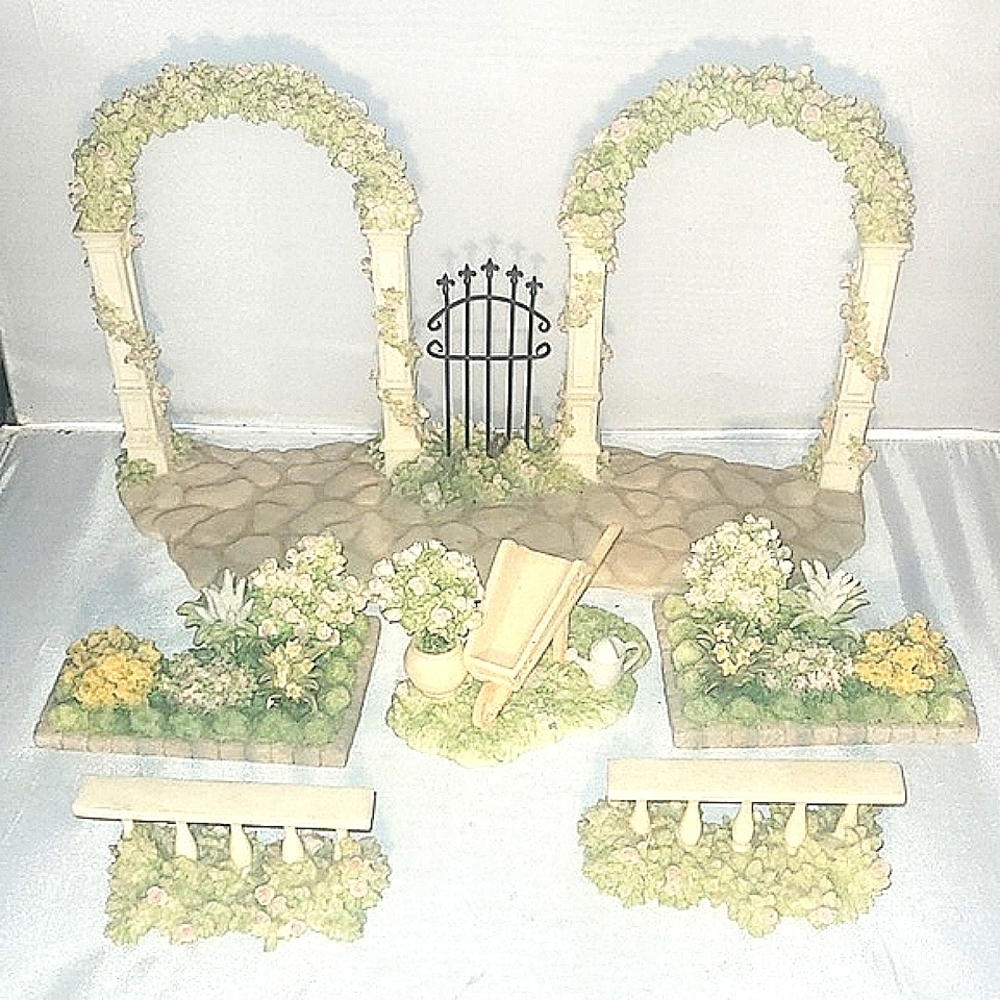 6 Piece Porcelain Garden of Angels Gate Flowers Arches Roses Shrubs Display Set